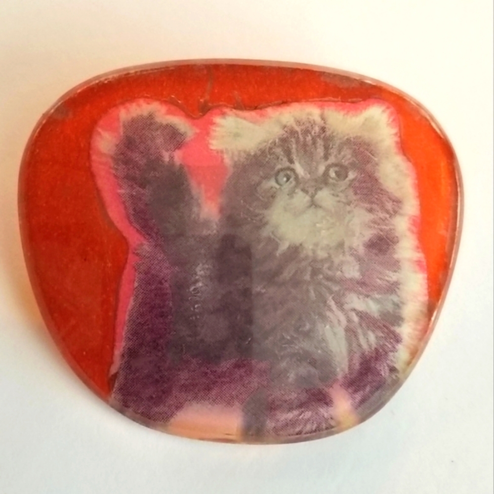 Vintage cat brooch handmade decoupage glasses lens red grey kitten